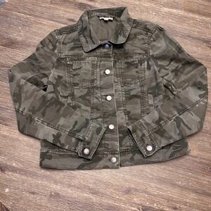 LOFT Camouflage Denim Jacket Women's Size Small Green Button Up Cotton Moto Army